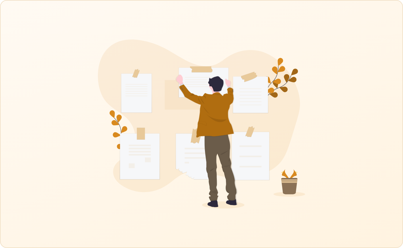 Illustration of a person organizing writing drafts and notes